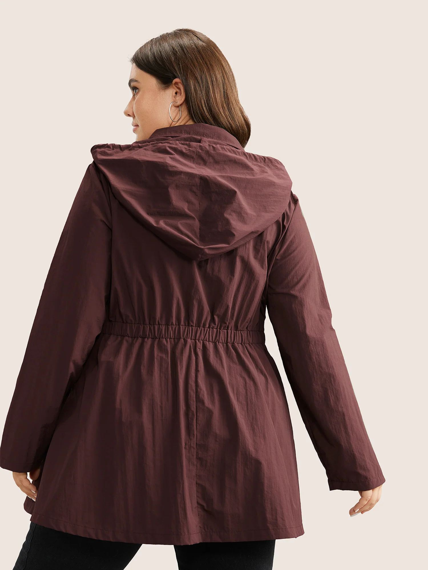 Plain Hooded Drawstring Gathered Zipper Jacket - Image 4