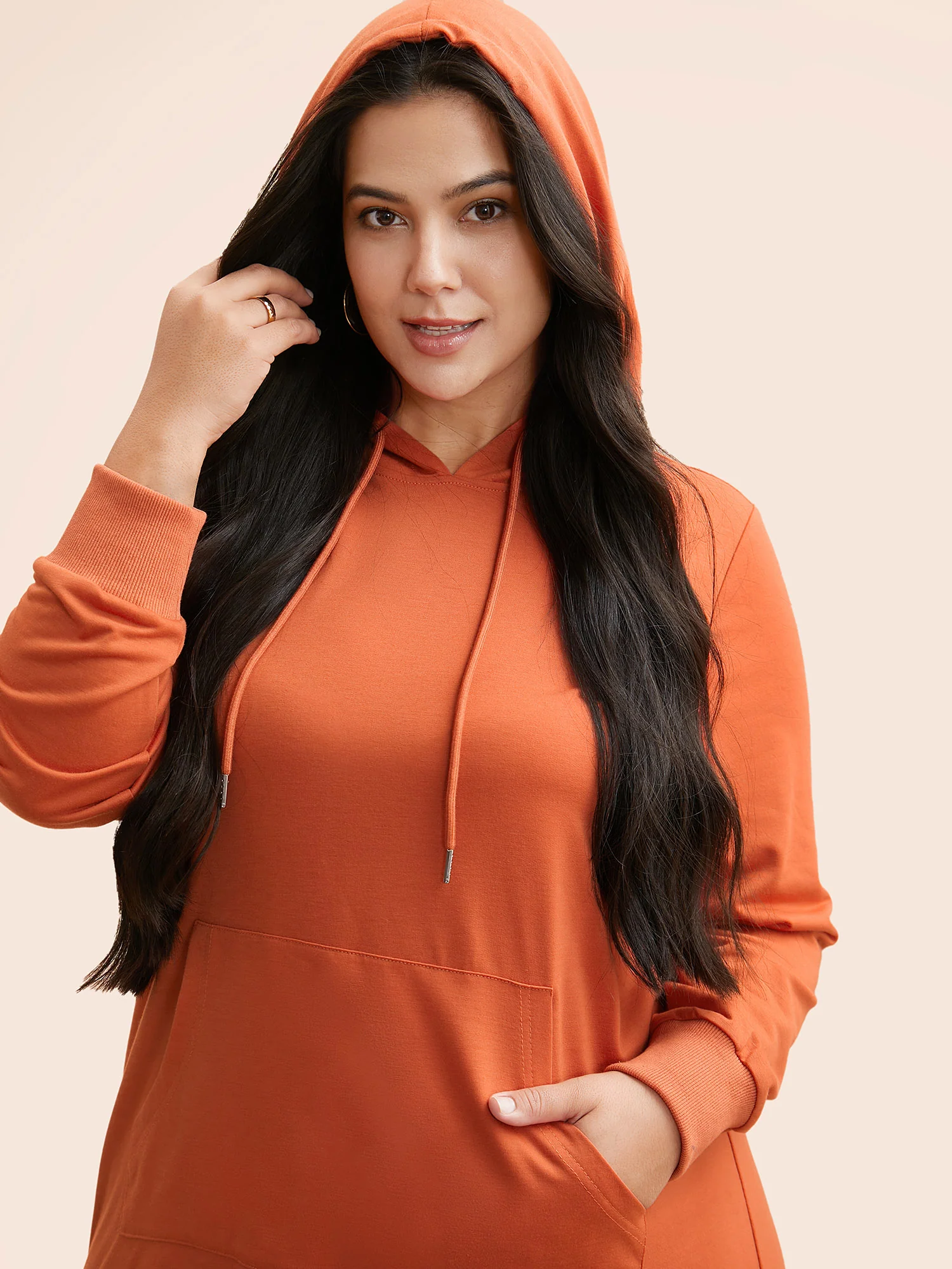Plain Hooded Drawstring Kangaroo Pocket Dress - Image 2