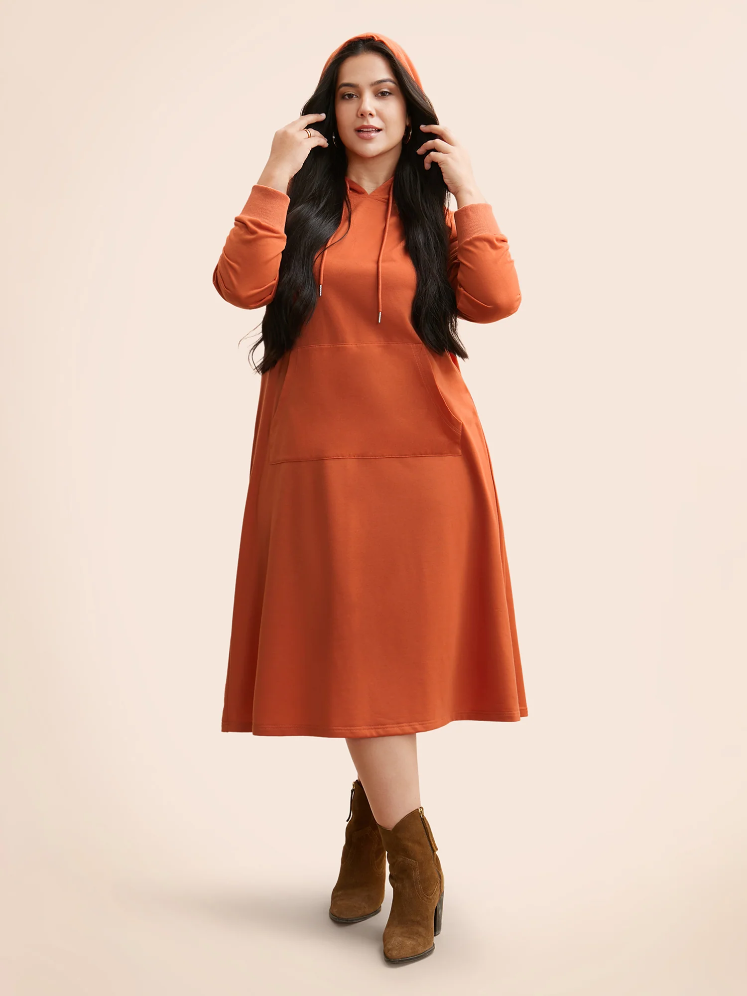 Plain Hooded Drawstring Kangaroo Pocket Dress - Image 3