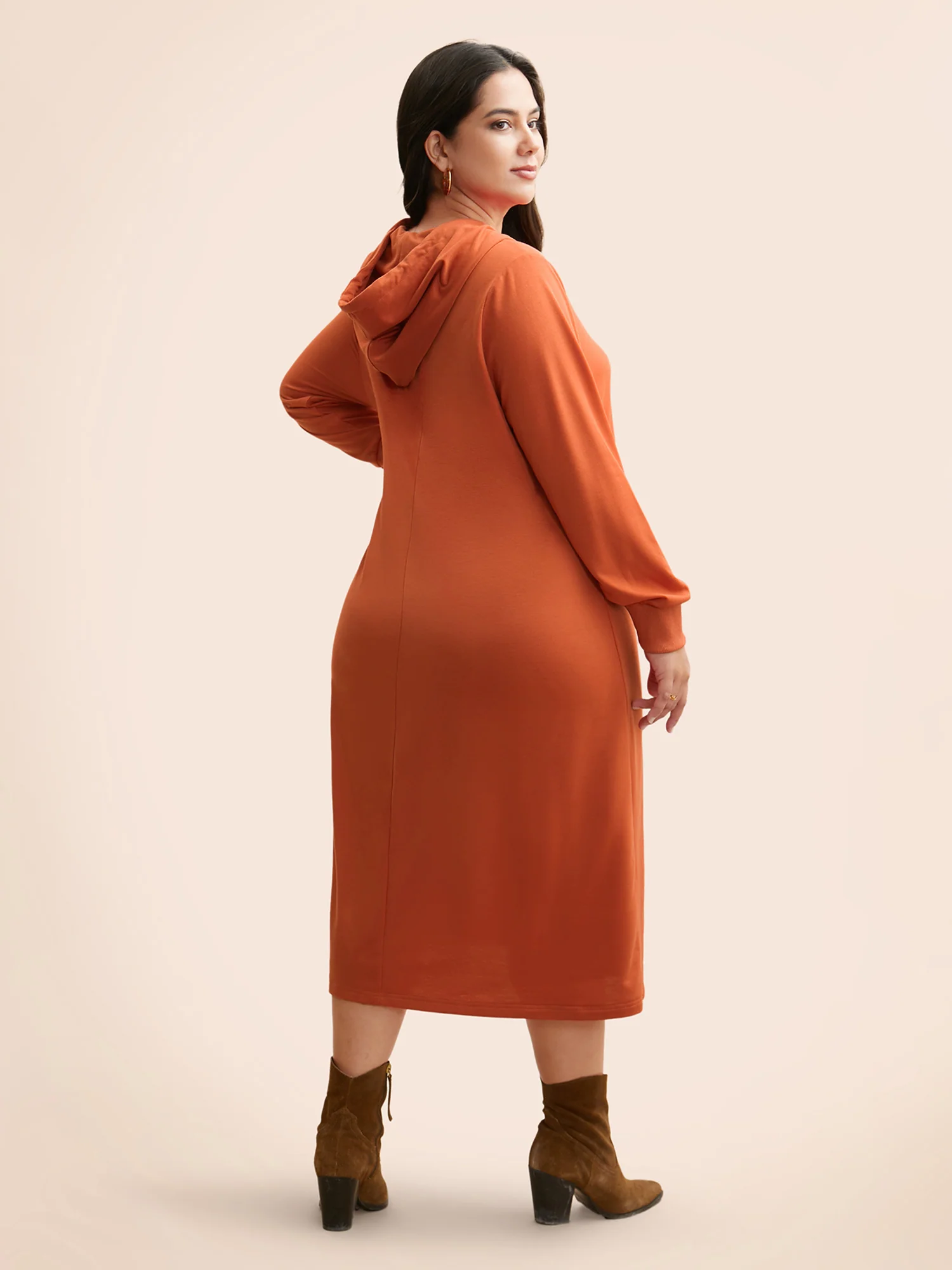 Plain Hooded Drawstring Kangaroo Pocket Dress - Image 4