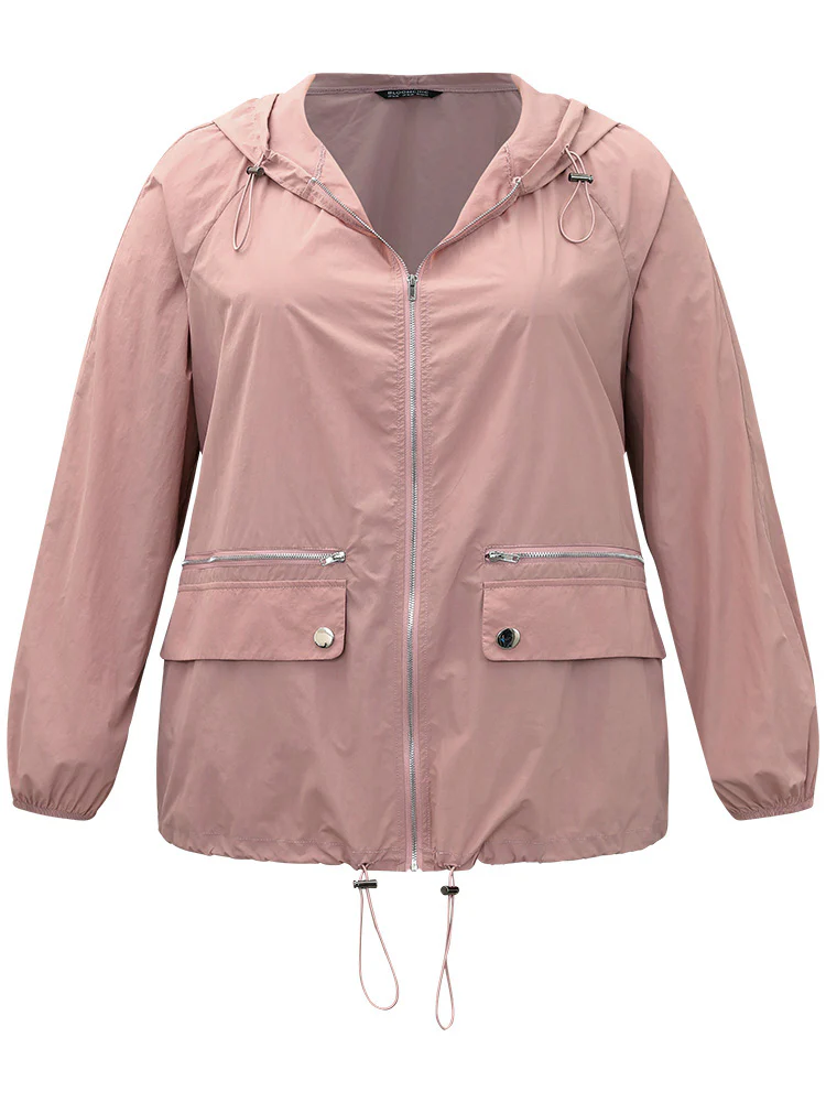Plain Hooded Pocket Zipper Fly Drawstring Jacket - Image 12