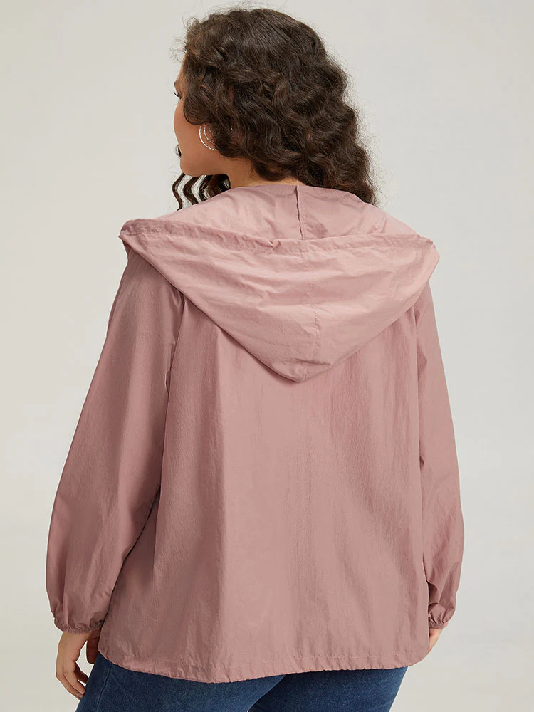 Plain Hooded Pocket Zipper Fly Drawstring Jacket - Image 2