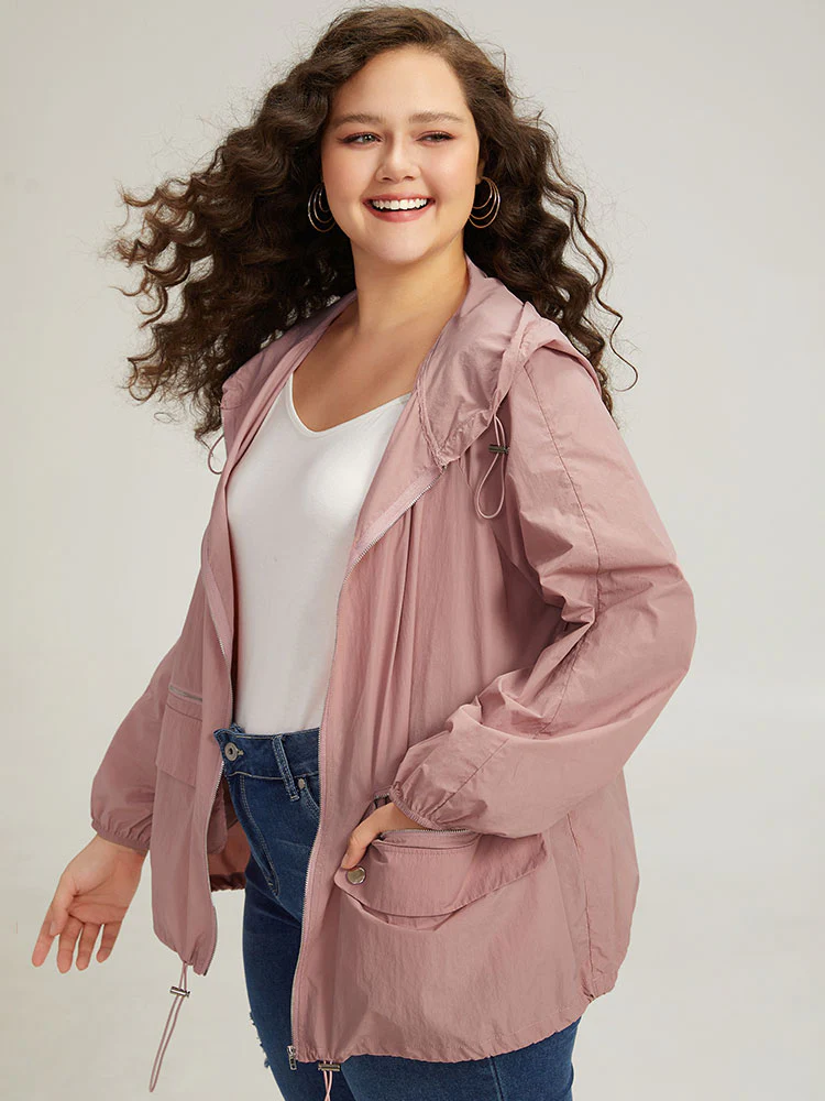Plain Hooded Pocket Zipper Fly Drawstring Jacket - Image 3