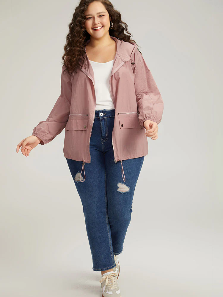 Plain Hooded Pocket Zipper Fly Drawstring Jacket - Image 4