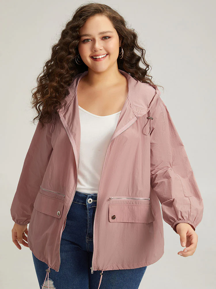 Plain Hooded Pocket Zipper Fly Drawstring Jacket - Image 5