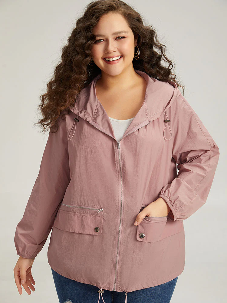 Plain Hooded Pocket Zipper Fly Drawstring Jacket - Image 6