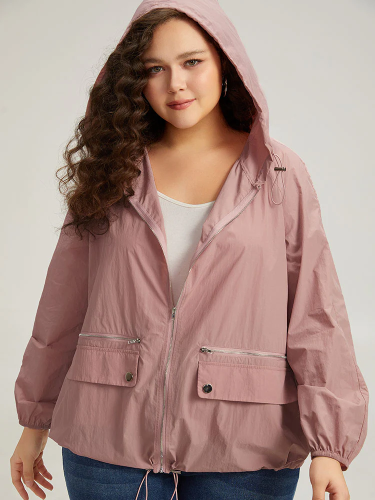 Plain Hooded Pocket Zipper Fly Drawstring Jacket - Image 7