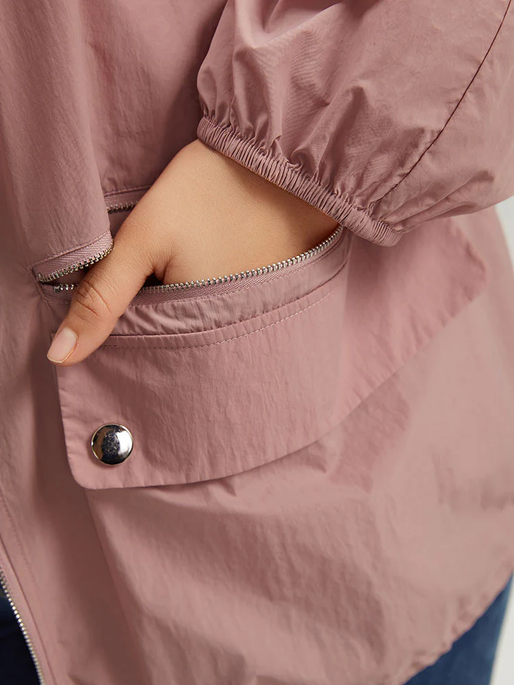 Plain Hooded Pocket Zipper Fly Drawstring Jacket - Image 9
