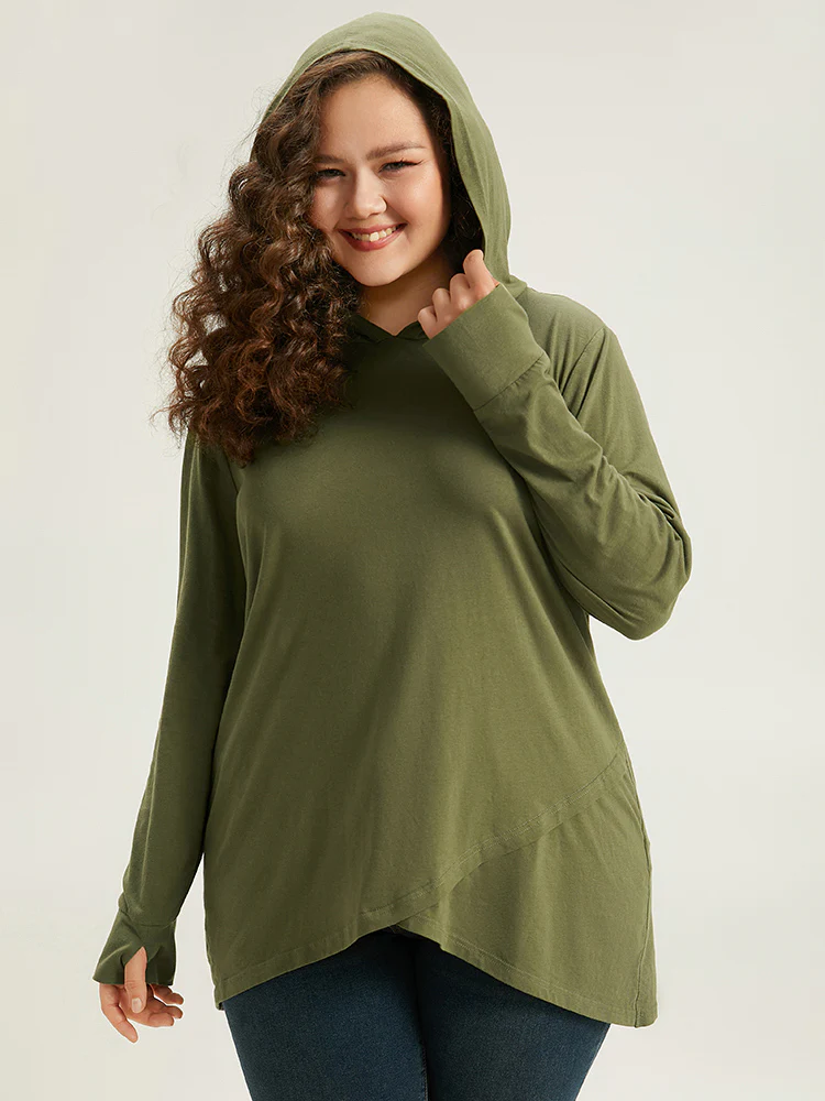 Plain Hooded Wrap Hem Thumb Hole T-shirt - Image 2