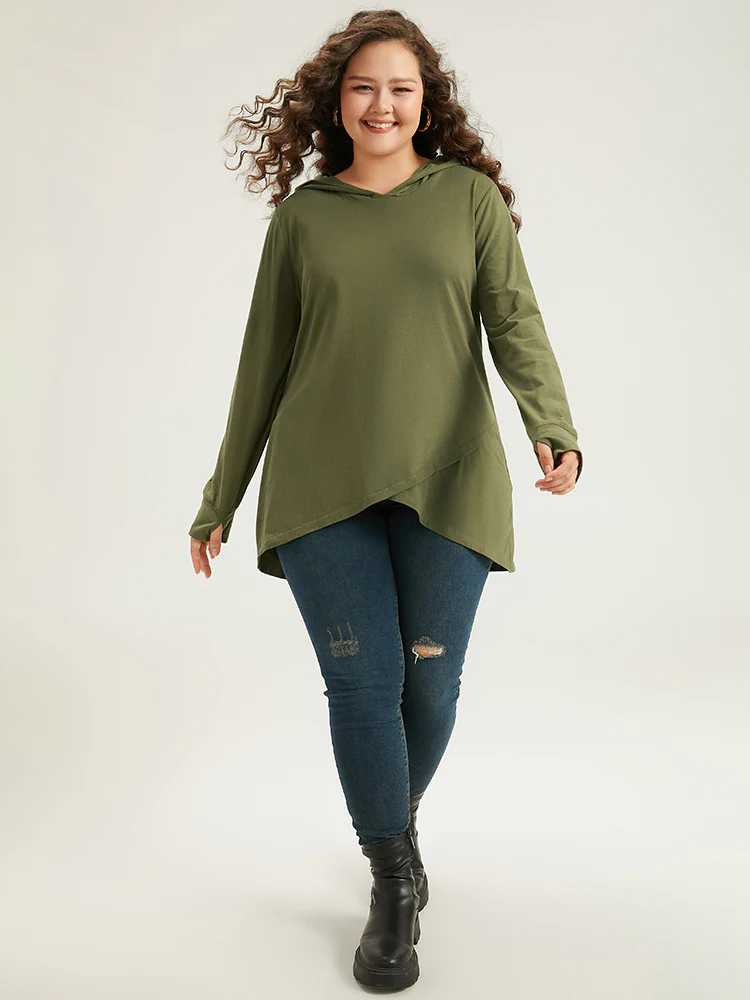 Plain Hooded Wrap Hem Thumb Hole T-shirt - Image 3