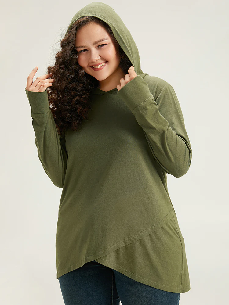 Plain Hooded Wrap Hem Thumb Hole T-shirt - Image 4