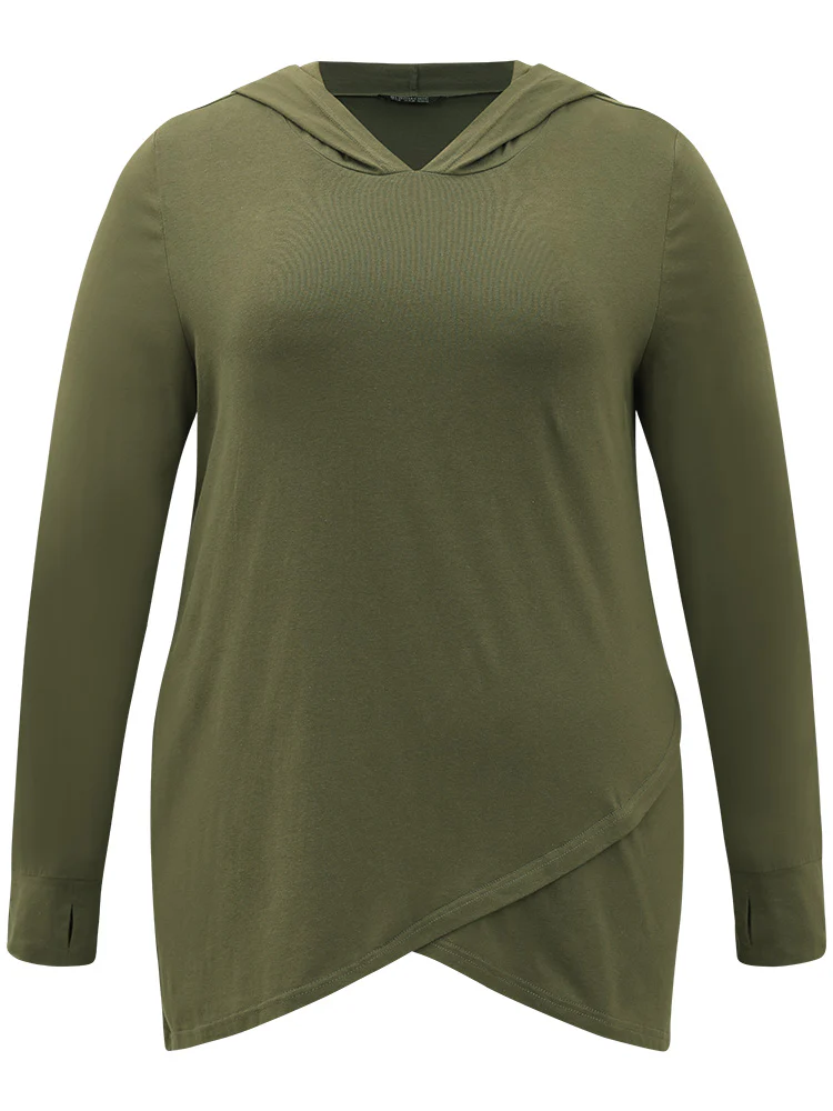 Plain Hooded Wrap Hem Thumb Hole T-shirt - Image 9