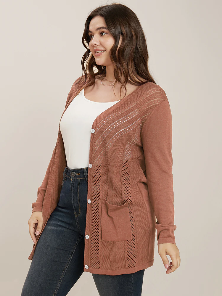 Plain Ice Rayon Yarn Eyelet Pocket Button Front Cardigan - Image 2