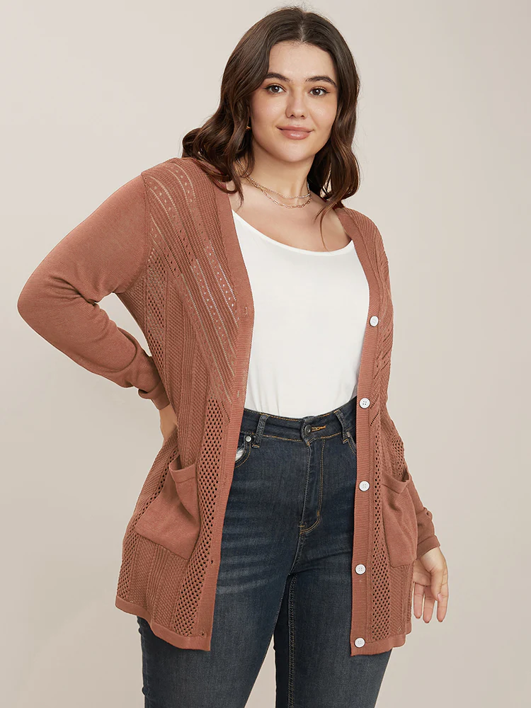 Plain Ice Rayon Yarn Eyelet Pocket Button Front Cardigan - Image 3