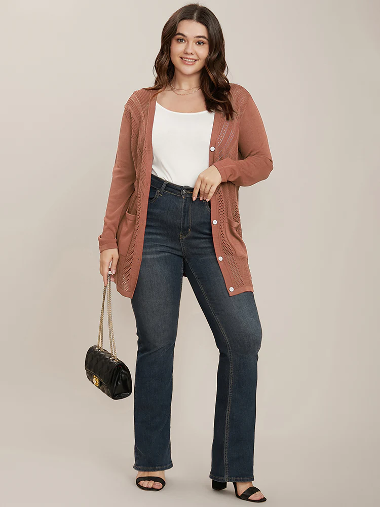 Plain Ice Rayon Yarn Eyelet Pocket Button Front Cardigan - Image 4