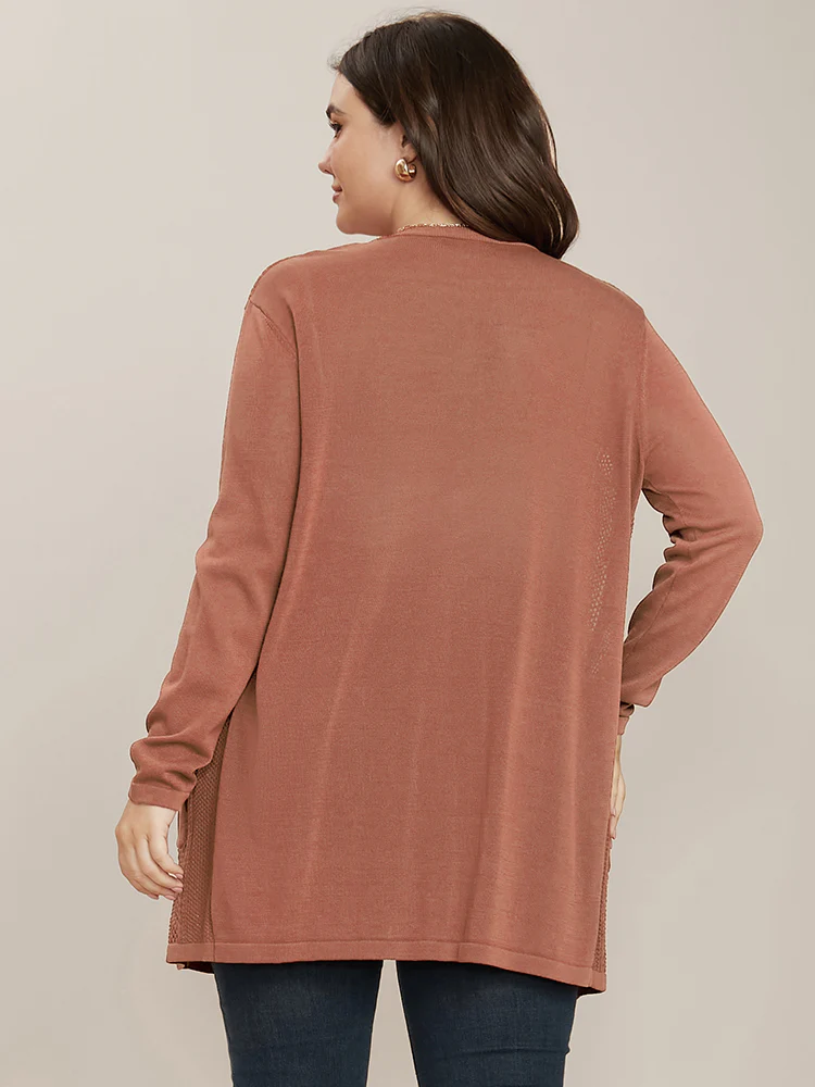 Plain Ice Rayon Yarn Eyelet Pocket Button Front Cardigan - Image 5