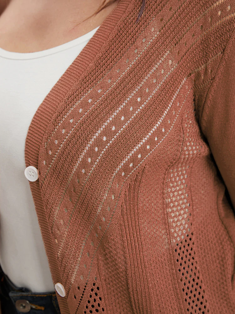 Plain Ice Rayon Yarn Eyelet Pocket Button Front Cardigan - Image 6