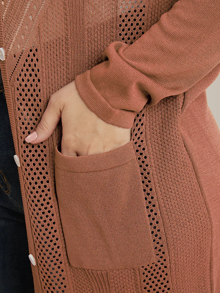 Plain Ice Rayon Yarn Eyelet Pocket Button Front Cardigan - Image 7