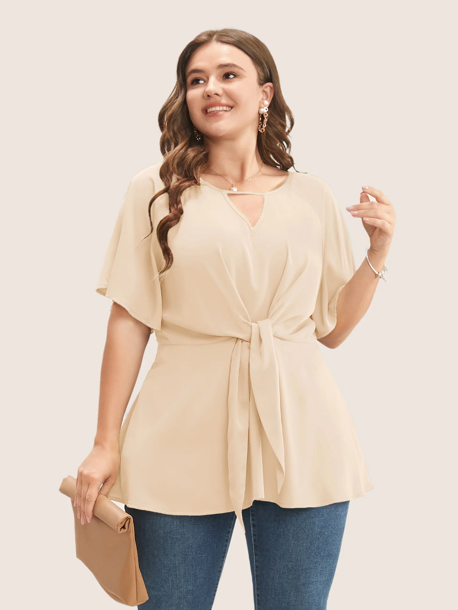 Plain Keyhole Knotted Front Ruffle Sleeve Blouse - Image 10