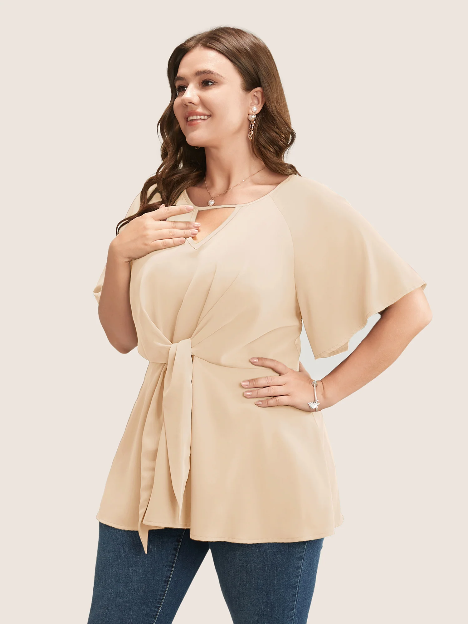 Plain Keyhole Knotted Front Ruffle Sleeve Blouse - Image 11