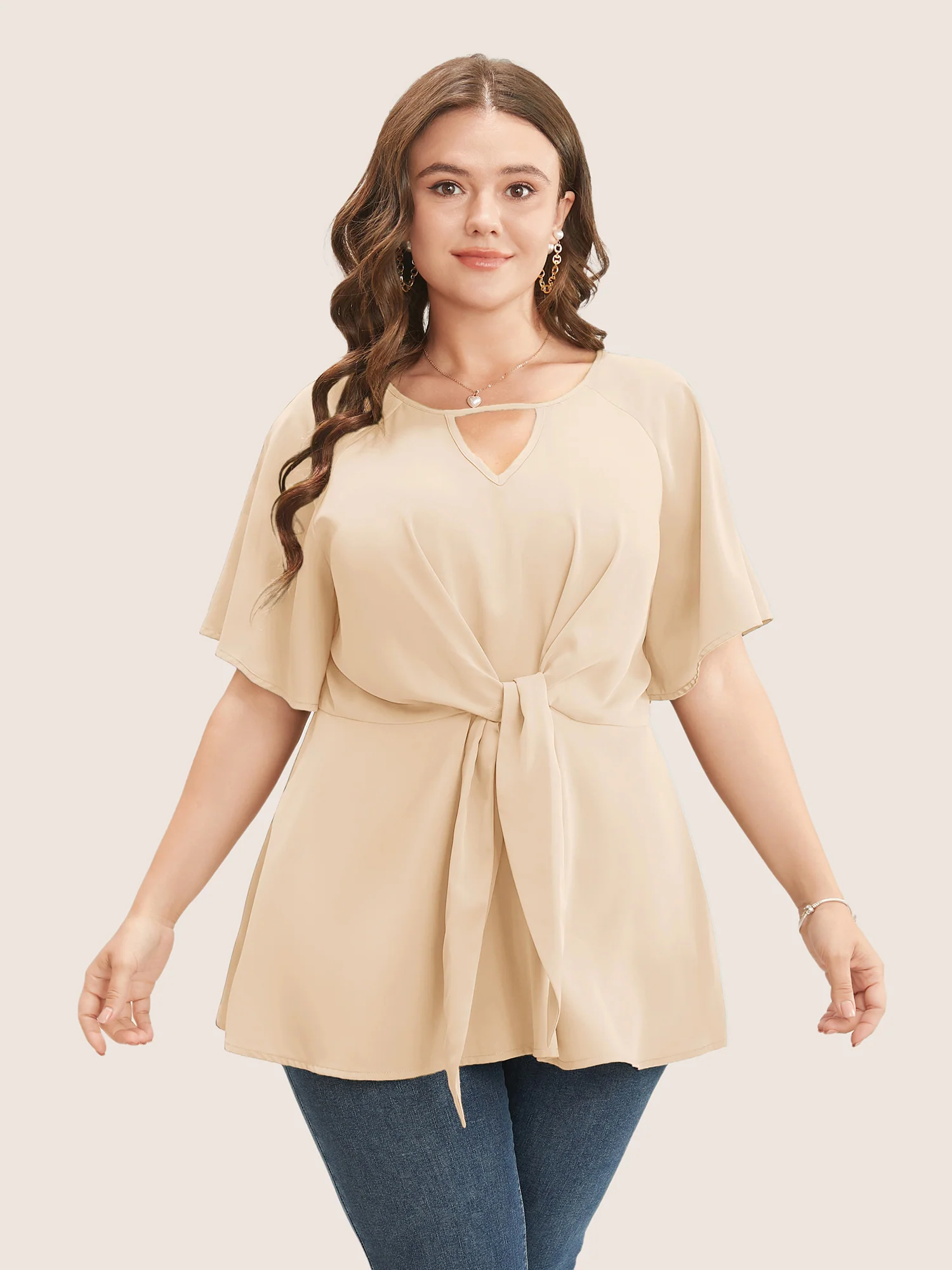 Plain Keyhole Knotted Front Ruffle Sleeve Blouse - Image 12