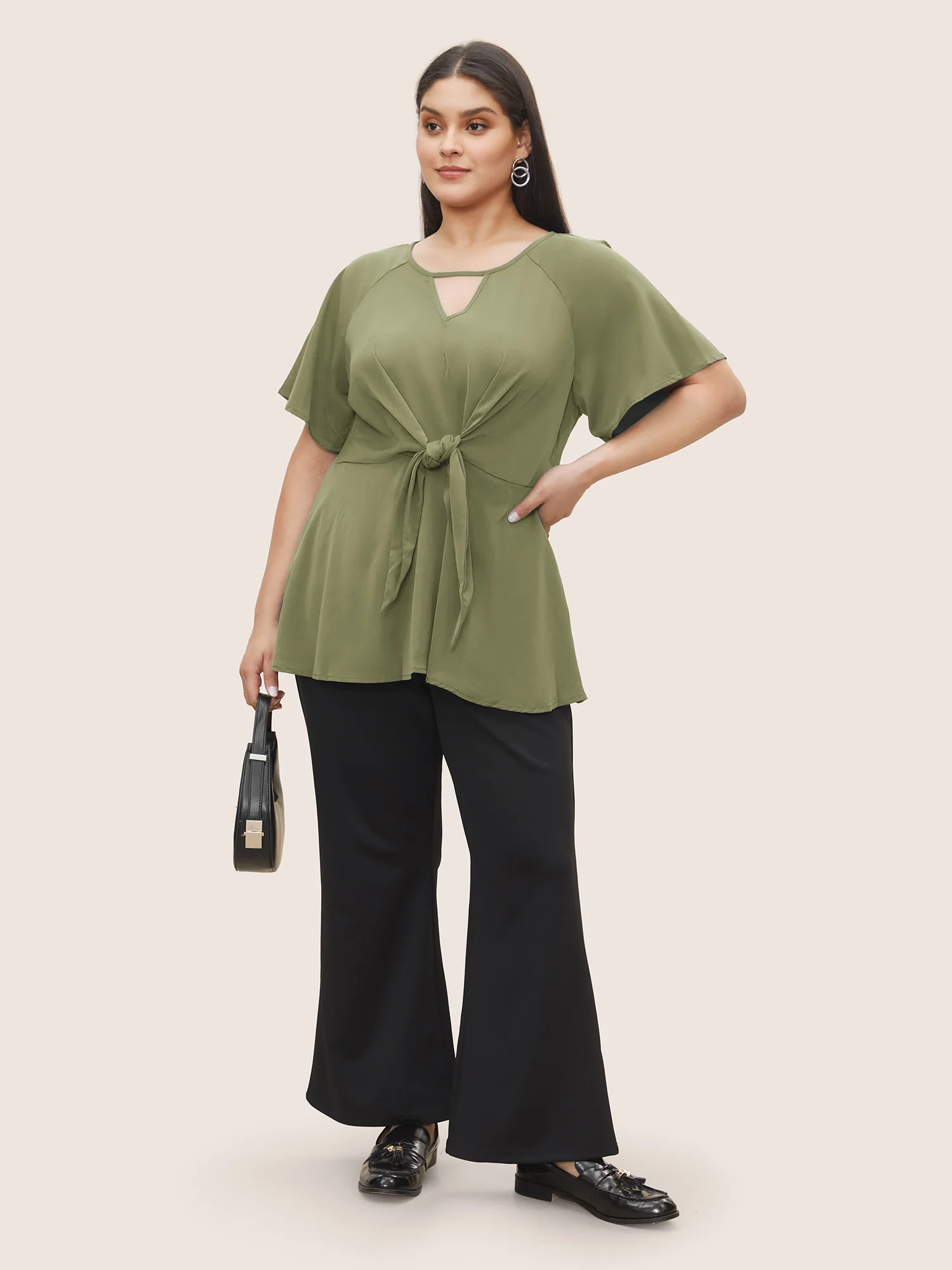 Plain Keyhole Knotted Front Ruffle Sleeve Blouse - Image 2
