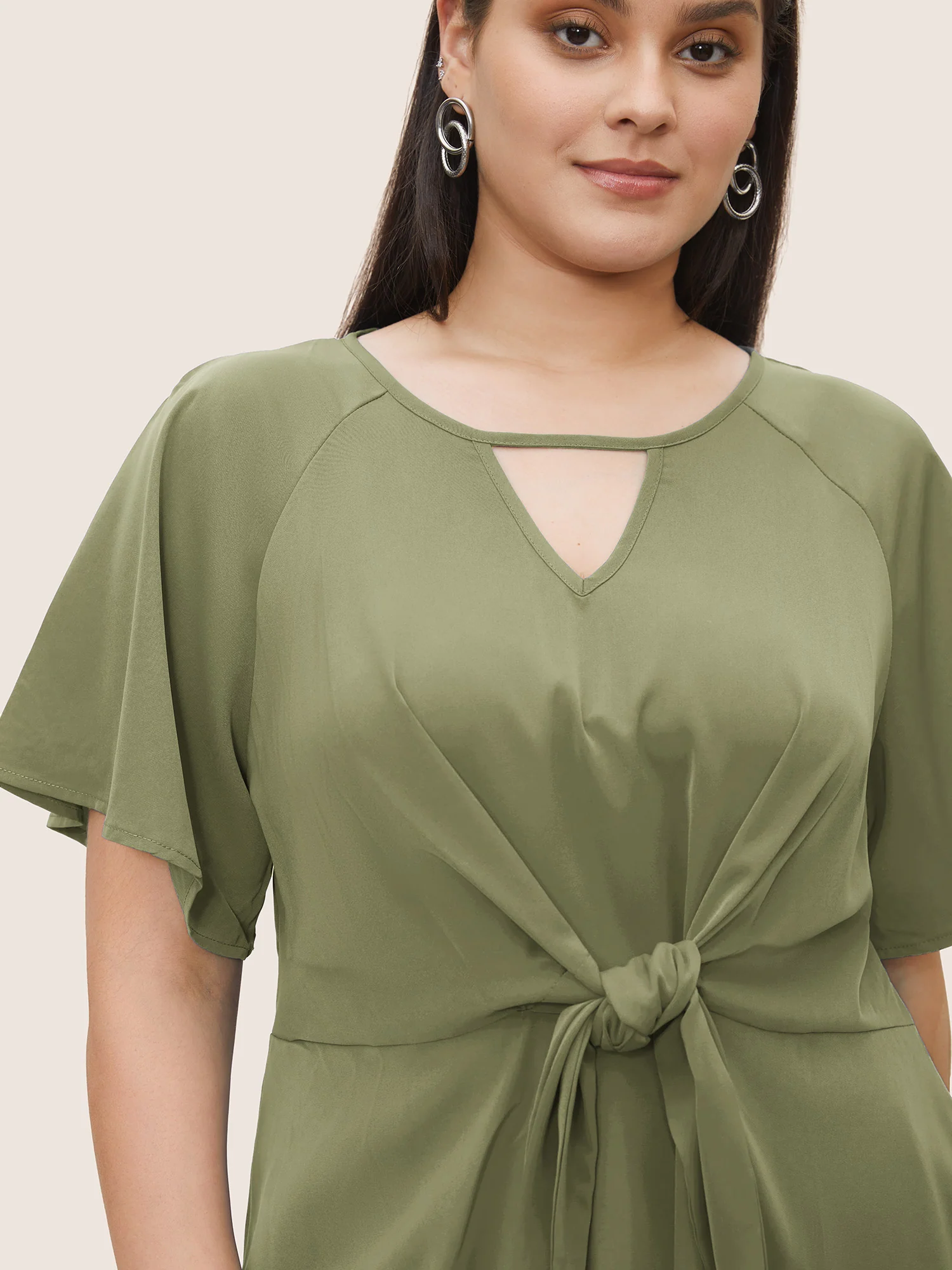 Plain Keyhole Knotted Front Ruffle Sleeve Blouse - Image 3