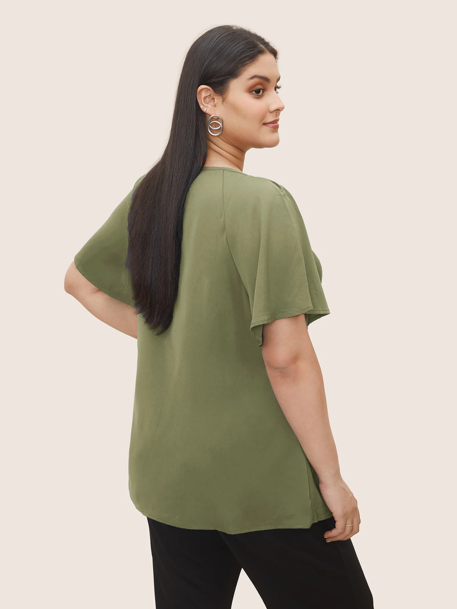 Plain Keyhole Knotted Front Ruffle Sleeve Blouse - Image 4