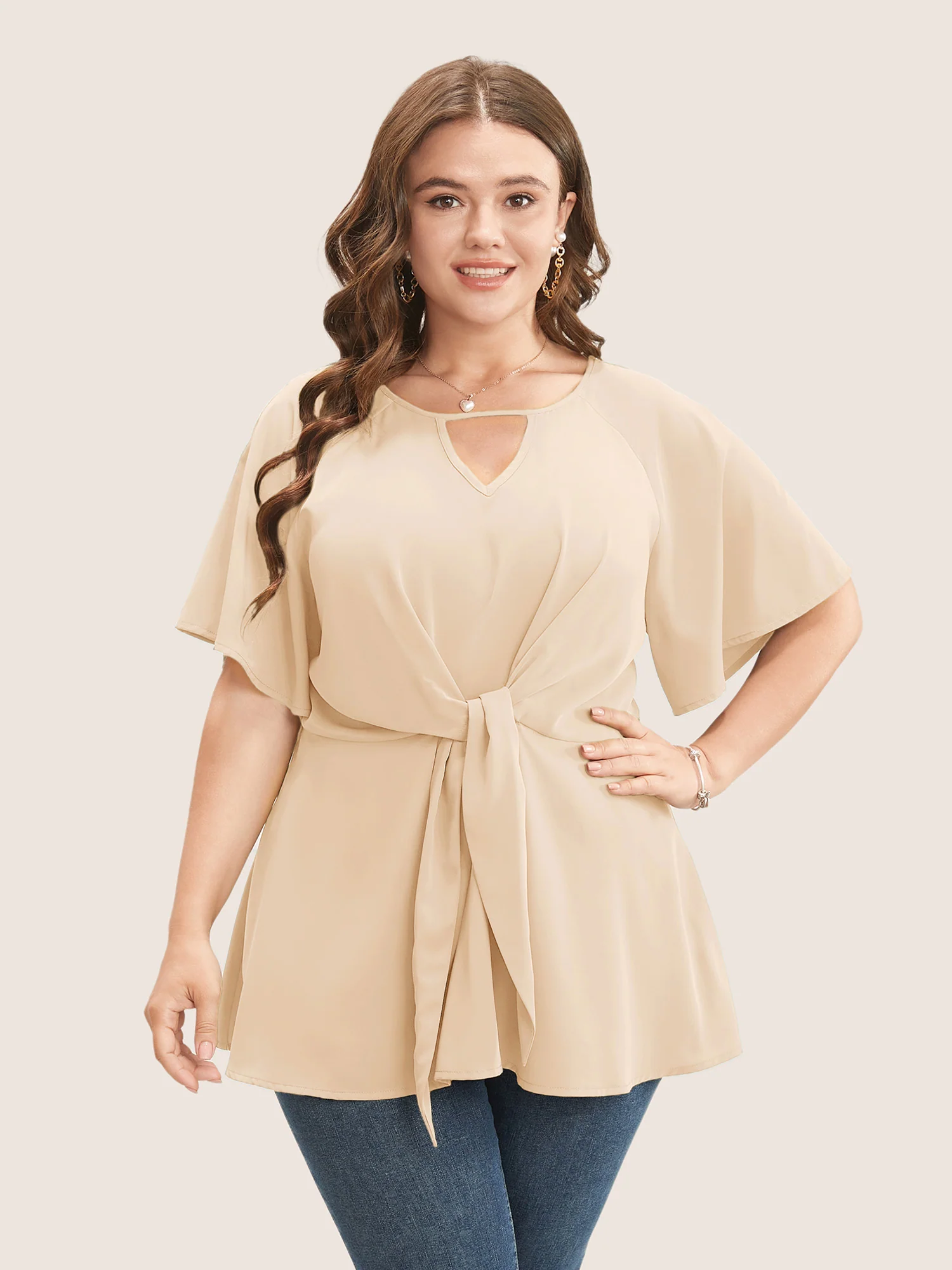 Plain Keyhole Knotted Front Ruffle Sleeve Blouse - Image 7