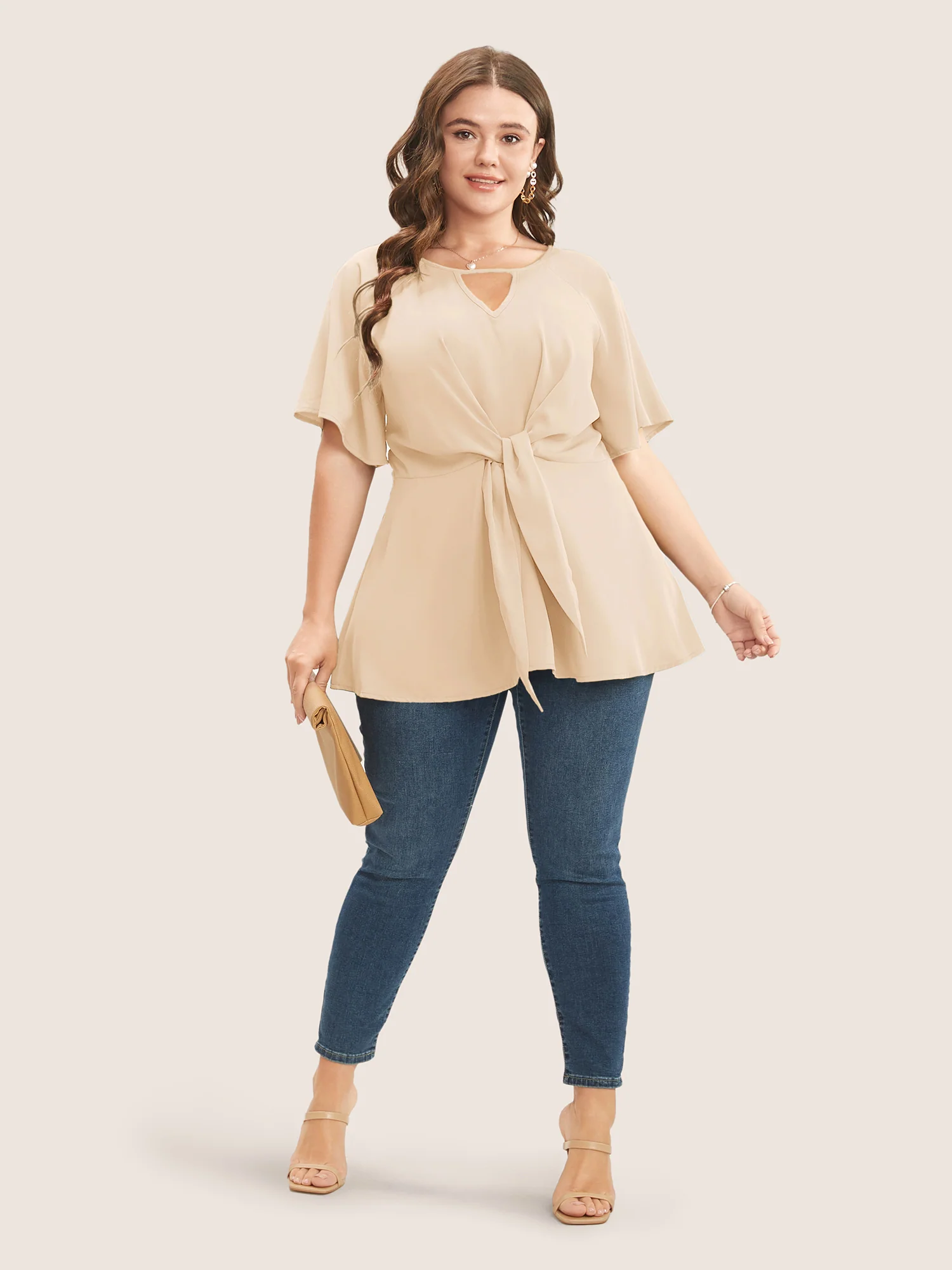 Plain Keyhole Knotted Front Ruffle Sleeve Blouse - Image 9