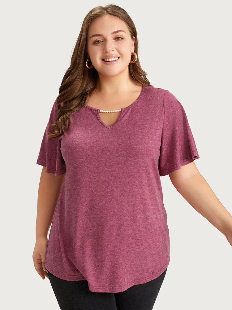 Plain Keyhole Pearl Beaded Flutter Sleeve T-shirt - Image 2