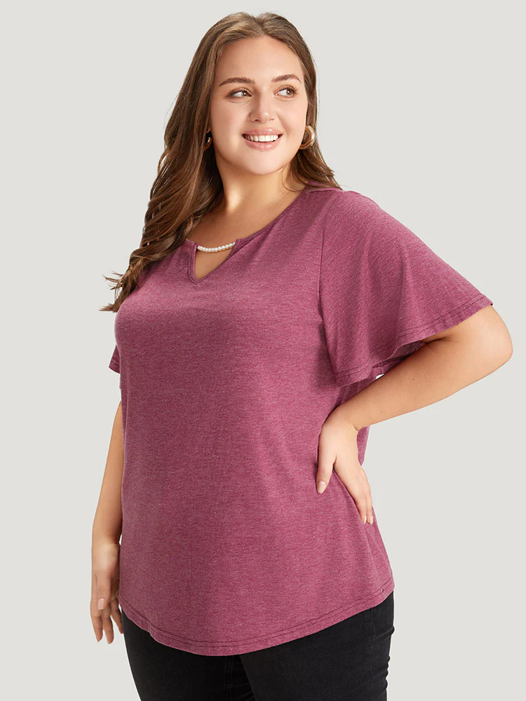 Plain Keyhole Pearl Beaded Flutter Sleeve T-shirt - Image 3