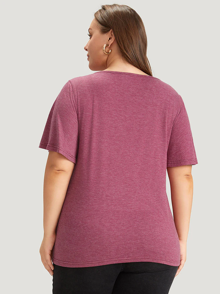 Plain Keyhole Pearl Beaded Flutter Sleeve T-shirt - Image 4