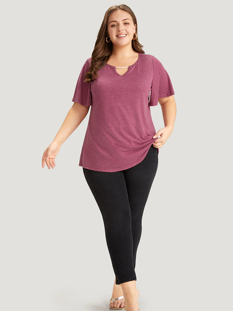 Plain Keyhole Pearl Beaded Flutter Sleeve T-shirt - Image 5