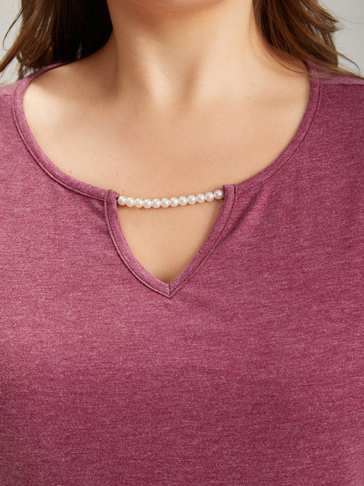 Plain Keyhole Pearl Beaded Flutter Sleeve T-shirt - Image 6