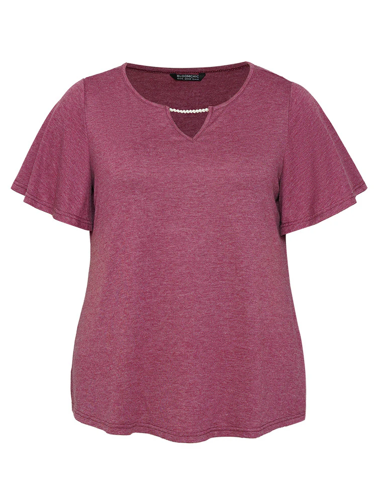 Plain Keyhole Pearl Beaded Flutter Sleeve T-shirt - Image 7