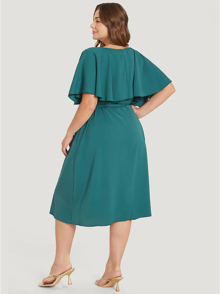 Plain Keyhole Pocket Belted Ruffles Dress - Image 2