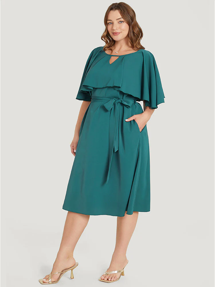 Plain Keyhole Pocket Belted Ruffles Dress - Image 3