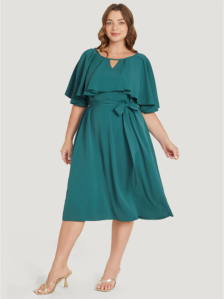 Plain Keyhole Pocket Belted Ruffles Dress - Image 4
