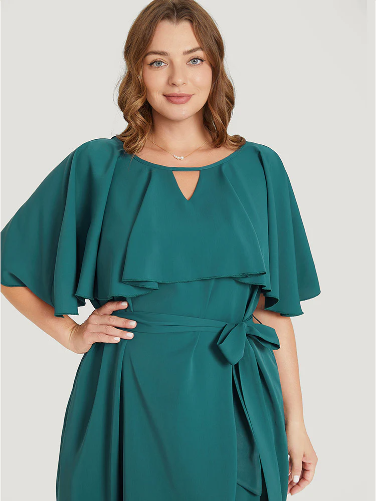 Plain Keyhole Pocket Belted Ruffles Dress - Image 5