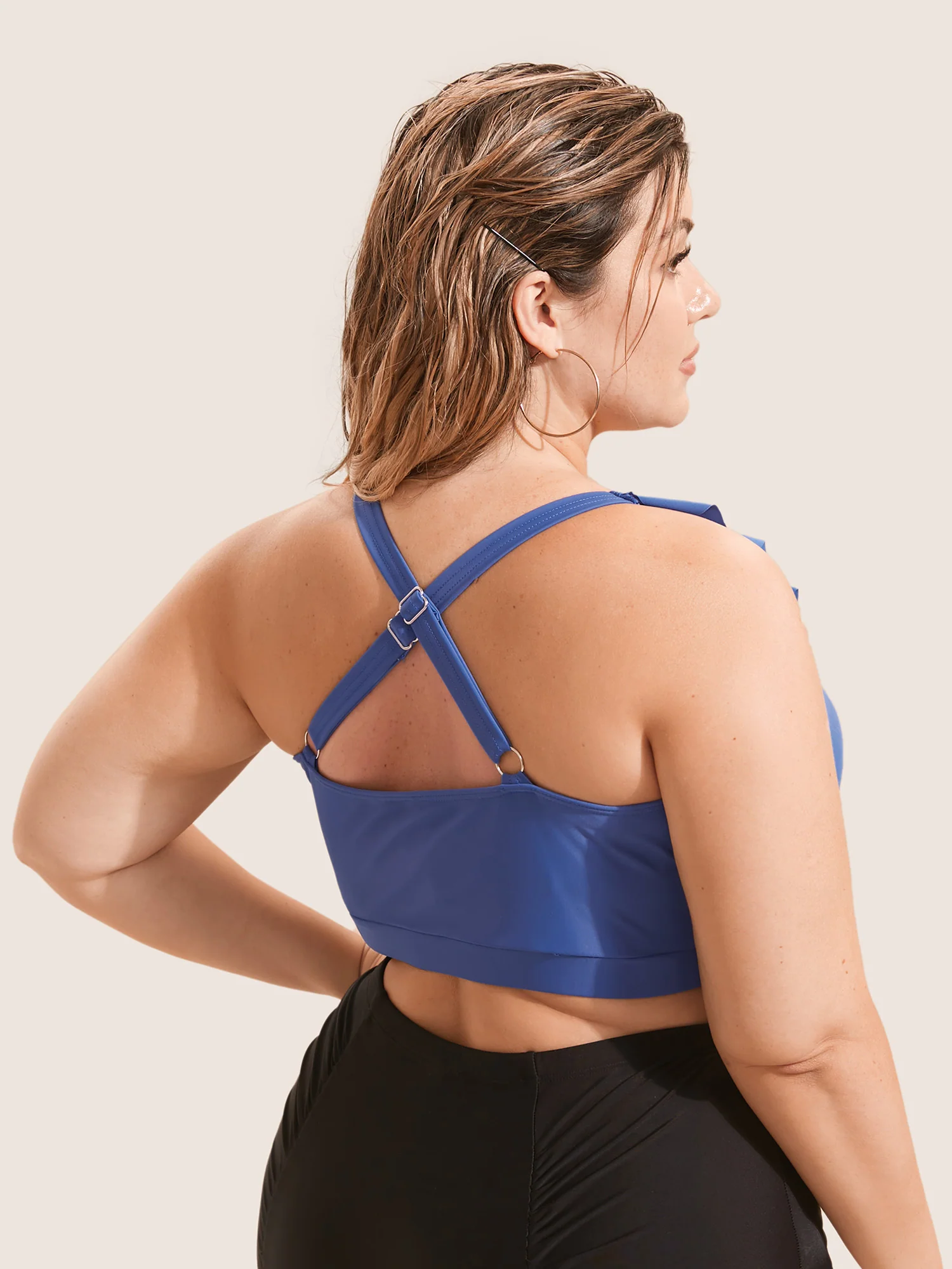 Plain Keyhole Ruffle Trim Swim Top - Image 2
