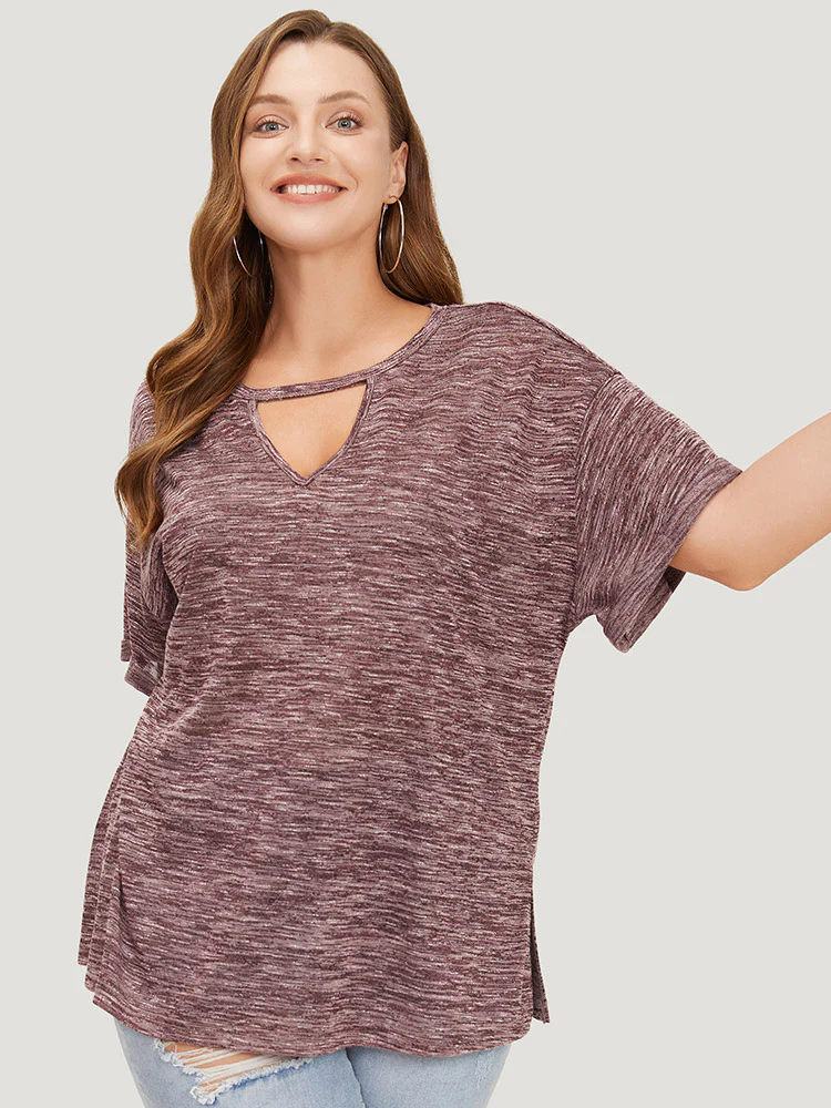 Plain Keyhole Split Hem Heather T-shirt - Image 2