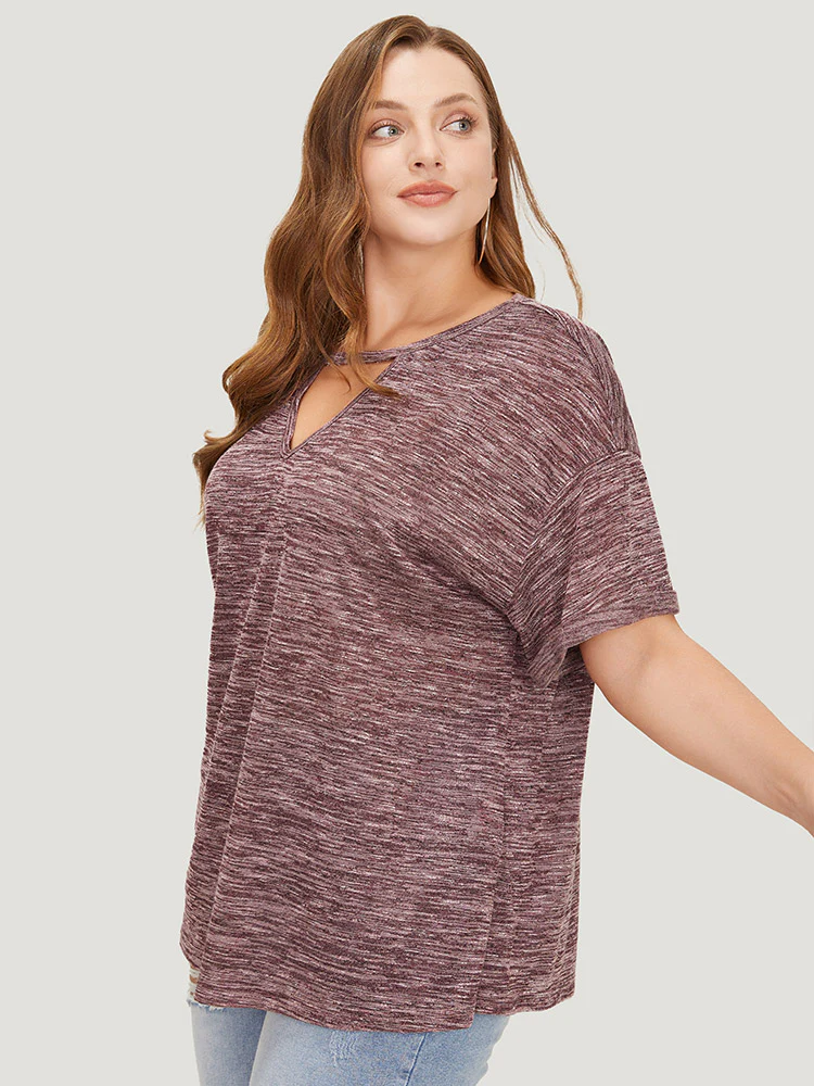 Plain Keyhole Split Hem Heather T-shirt - Image 3