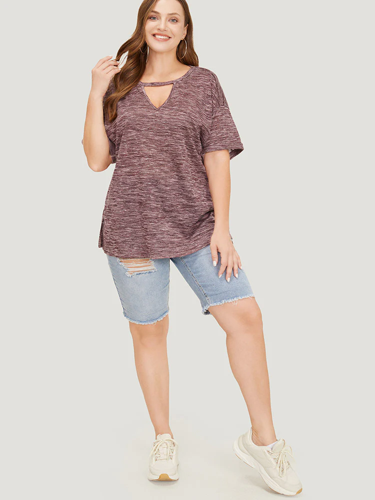 Plain Keyhole Split Hem Heather T-shirt - Image 4