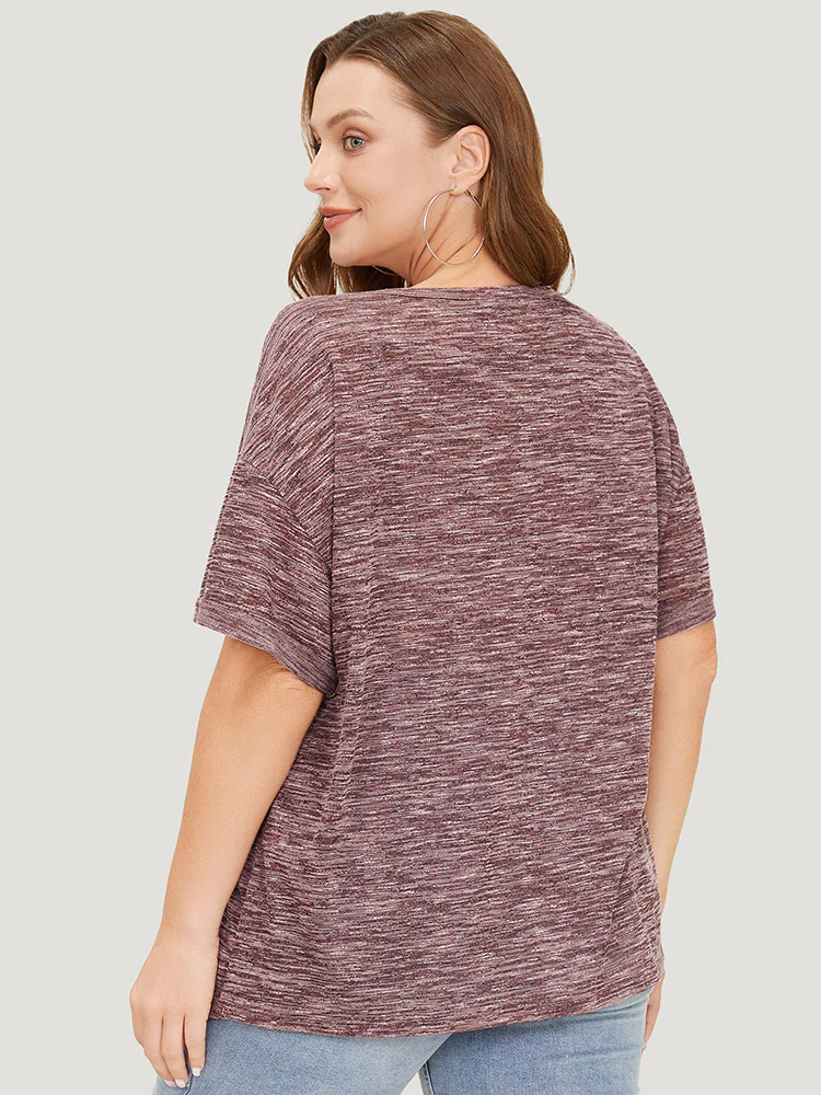 Plain Keyhole Split Hem Heather T-shirt - Image 5