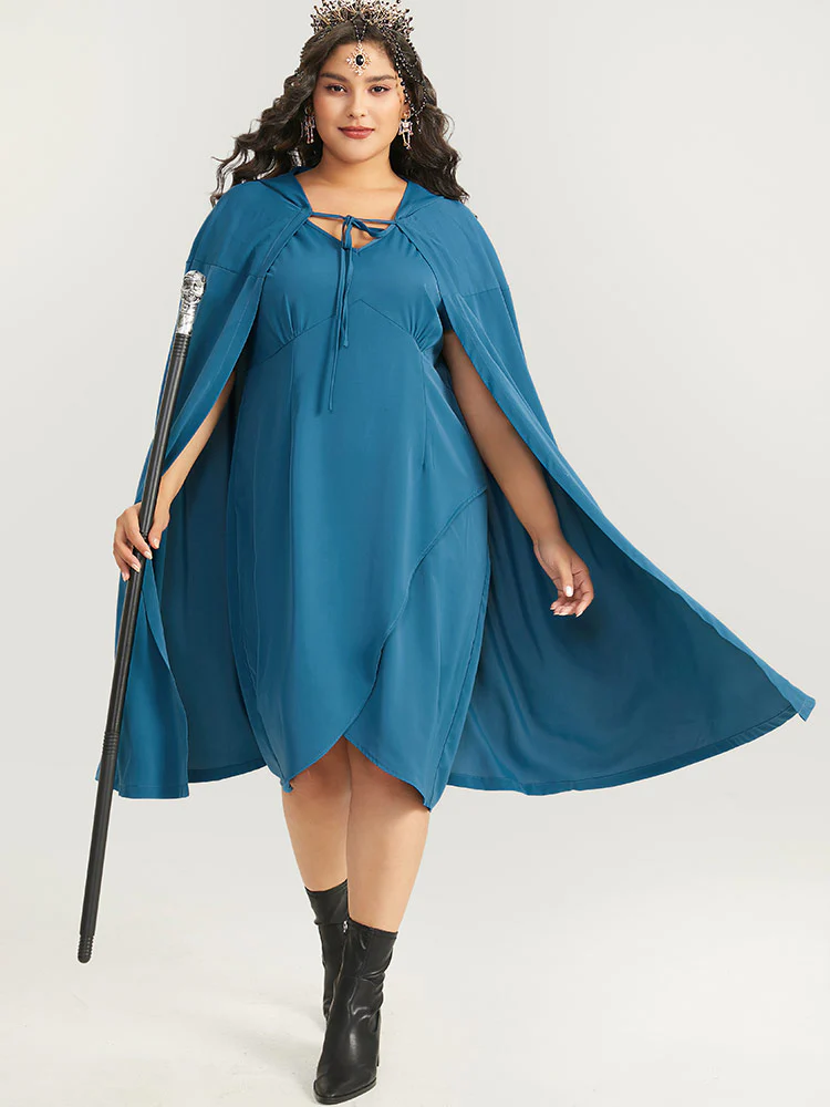 Halloween Plain Knot Hooded V Neck Ties Wrap Hem Dress - Image 2