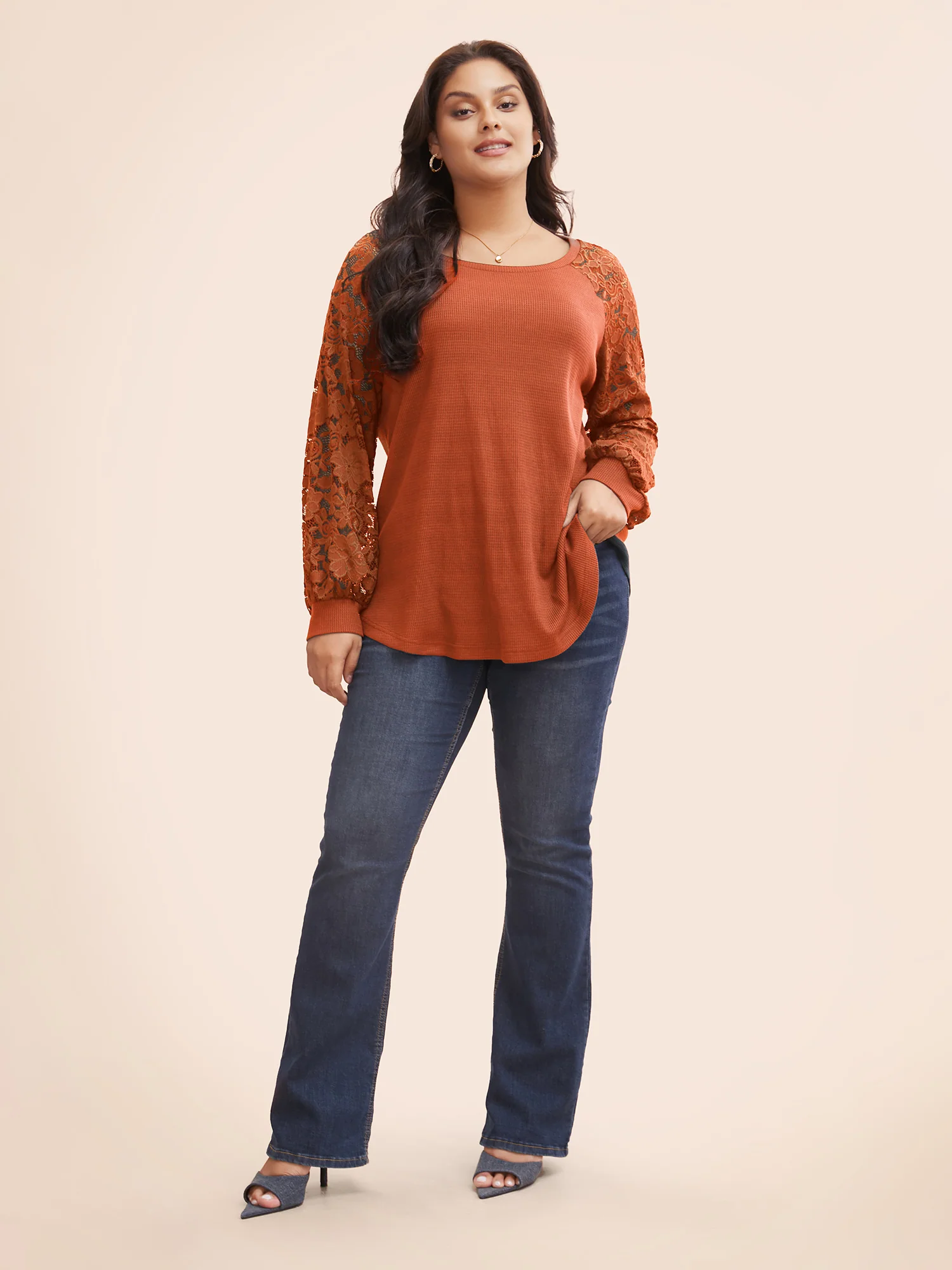 Plain Lace Panel Round Neck Raglan Sleeve T-shirt - Image 2