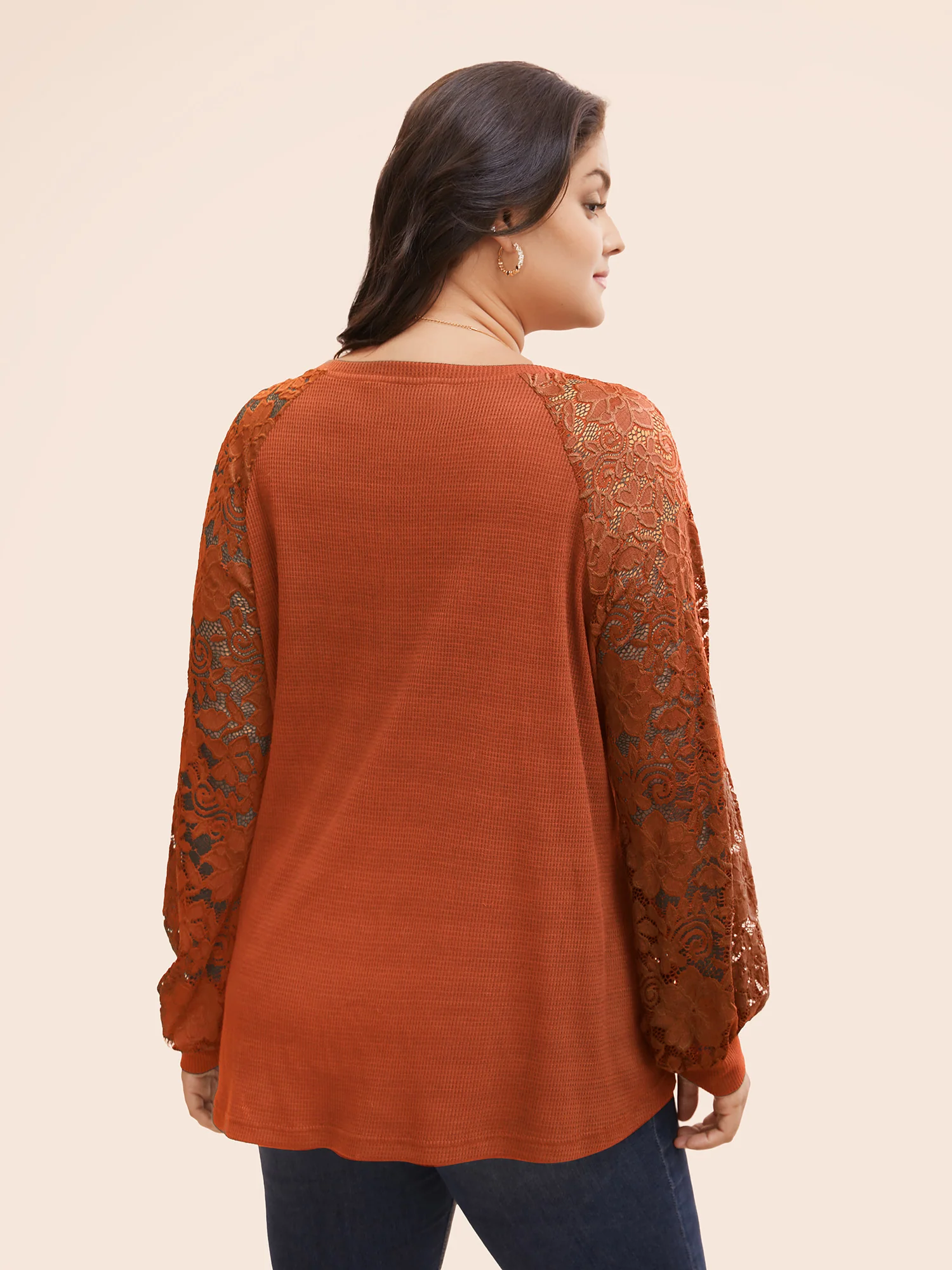 Plain Lace Panel Round Neck Raglan Sleeve T-shirt - Image 4