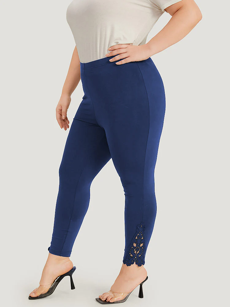 Plain Lace Panel Skinny Elastic Waist Leggings - Image 2