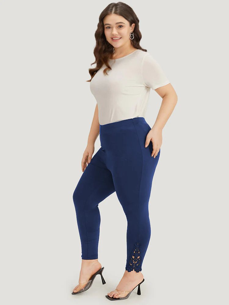 Plain Lace Panel Skinny Elastic Waist Leggings - Image 3
